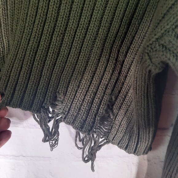 Zara Distressed Cropped Ribbed Knit Sweater Olive Green - Picture 6 of 9